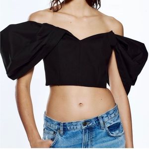 NWT ZARA DRAPED SLEEVE BUSTIER BLACK LIMITED EDITION CROP TOP